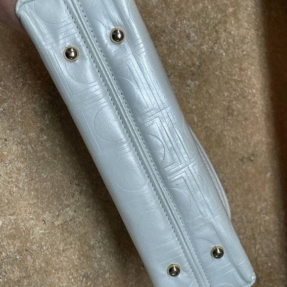 VINTAGE PINKY LEATHER Pearl White Leather Embossed Logo Chic Top Handle Eve Bag - Picture 12 of 12